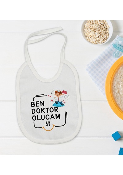 BK Kids Doktor Olucam Tasarımlı Beyaz Bebek Mama Önlüğü-1 Beyaz