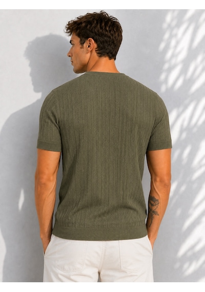 Ribana Erkek Bisiklet Yaka Kısa Kollu Esnek Örme Triko T-shirt 26091 Haki
