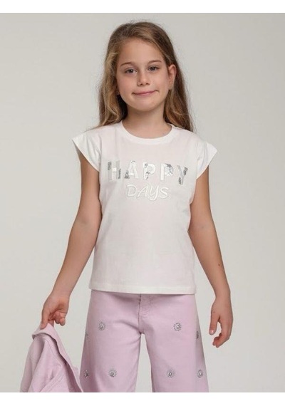 Escabel Kız Çocuk Pamuklu Happy Pul İşlemeli Tshirt-15637 Ekru
