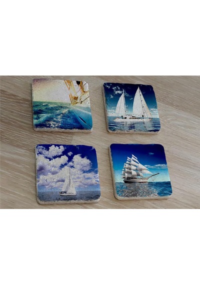 Deniz Ve Yelkenliler Doğal Taş Bardak Altlığı 4'lü Set - Natural Stone Coasters - Taş Çok Renkli