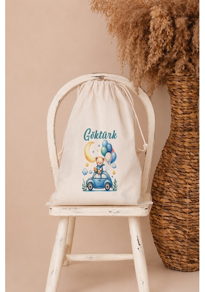 İsme Özel Erkek Bebek Çocuk Kıyafet Kesesi 30x40 Cm %100 Pamuk Ham Bez İsim Baskılı Yıkanabilir Kişiye Özel Kese 1056kk Ekru