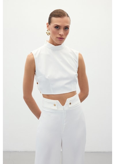 Sateen Çıt Çıt Detaylı Crop Bluz - Ekru-134919 Ekru
