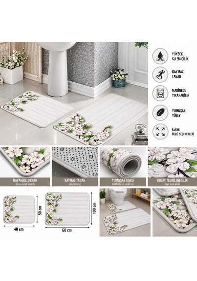 Dijital Baskılı 2 Li Set Banyo Paspası Kaymaz Tabanlı Klozet Takımı Beyaz