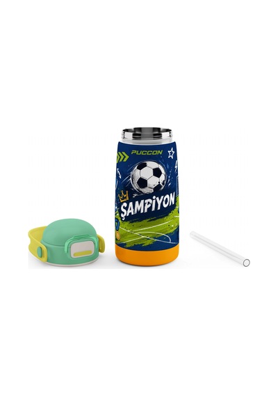 Puccon 420 Ml Erkek Çocuk Lacivert Yeşil Futbol Topu Baskılı Pipetli Çelik Okul Suluğu Matarası - 60029 Çok Renkli