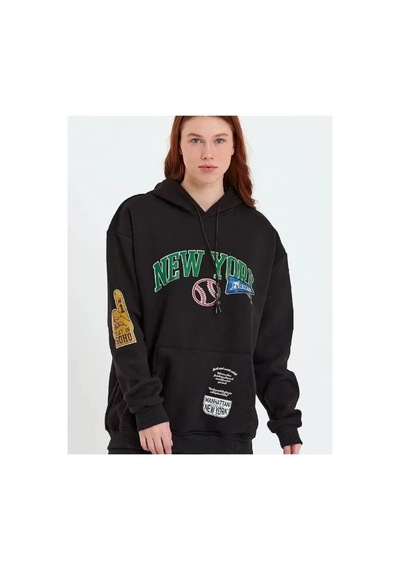 Baskılı Kapüşonlu Sweatshirt - Siyah