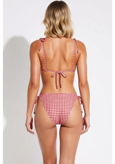 Benerly Kadın Bikini Takımı Üçgen Kaplı Kolsuz Ekose Desenli Düşük Bel Bo Kırmızı