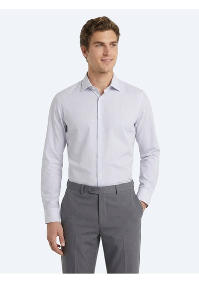 Kip Gri Çizgili Regular Fit Uzun Dokuma Casual Pamuk Karışımlı Gömlek
