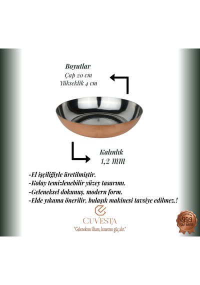Cuvesta El Yapımı Modern Kalın 1.5mm Bakır Tabak 20x4cm