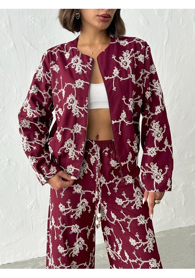 Verymoda Çiçek Nakışlı Fermuarlı Ceket F1948 Bordo