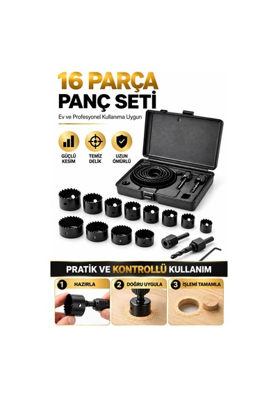 16 Parça Panç Seti 19-64 Mm Ahşap Metal Plastik Delme İşleri