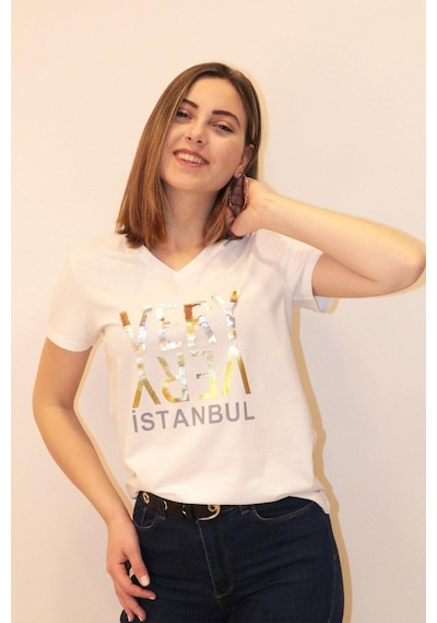 Rich Kadın V Yaka T-shirt %100 Pamuk Tişört Beyaz