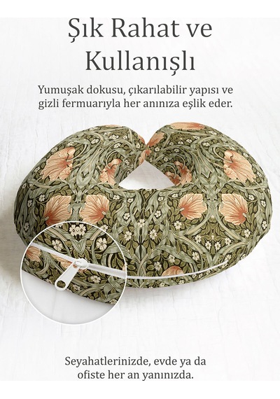 Retro Çiçekli Fermuarlı Boyun Yastığı - Vintage Yeşil Turuncu Yumuşak Seyahat Yastığı Metalik Sisli Vişne