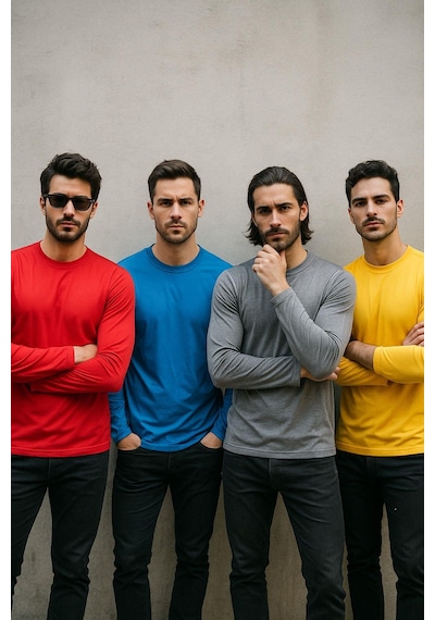 Rich Erkek Sarı-mavi-kırmızı-gri Melanj 4'lü Paket Basic Uzun Kollu Tişört Body T-shirt Çok Renkli