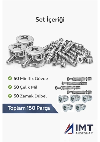 İmt Aksesuar Zamak Metal Dübelli Minifix Gövde Mil Ve Dübel Seti - Mobilya Ve Dolap Bağlantı Elemanı 50 Takım Metalik