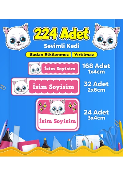 Sevimli Kedi Temalı Okul Kreş Kişiye Özel İsim Etiket Seti - Model 60 Çok Renkli