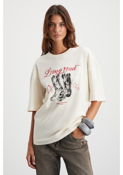 Grımelange Majer Kadın %100 Organik Pamuklu Western Tema Baskılı Regular Fit Krem T-shirt