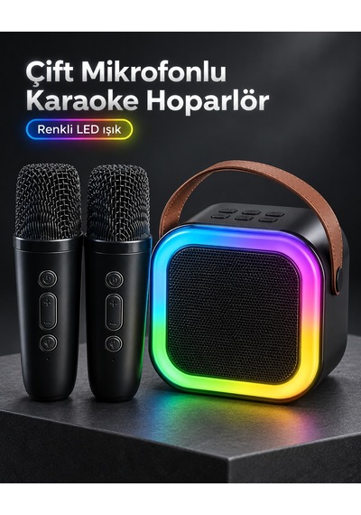 Taşıma Askılı Siyah Led Işıklı Bluetooth Hoparlör Çift Mikrofonlu Karaoke Seti - Lisinya