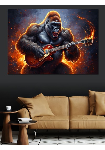 Elektro Gitar Çalan Güçlü Goril Dekoratif Kanvas - Mdf Ahşap Tablo