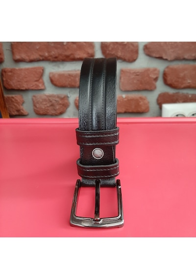 Real Leather Erkek Kemer Desenli Siyah Hakiki Deri Vejetal Dana Derisi 3.5 CM Siyah