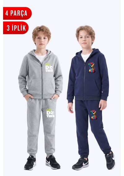 Panios Kids 3 İplik Baskılı Erkek Çocuk Fermuarlı Kapüşonlu 2'li Eşofman Takımı 4 Parça Gri - Lacivert