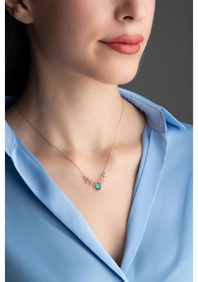 925 Ayar Gümüş Rose Kaplama Aquamarin Taşlı Ren Geyiği Model Kolye Rose Gold