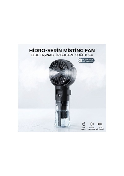 El Tipi Sulu Buharlı Fan Şarjlı Vantilatör Mini Masaüstü El Fan Taşınabilir 3 Kademeli Usb Pervane Siyah - 710323651