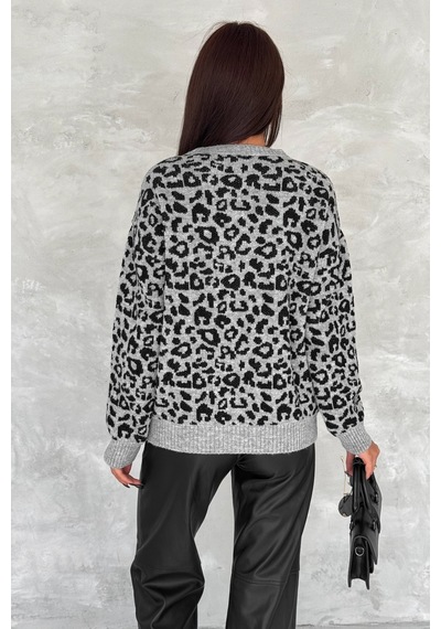 Femelle Kadın Gri Standart Beden Leopar Desen Oversize Triko Kazak