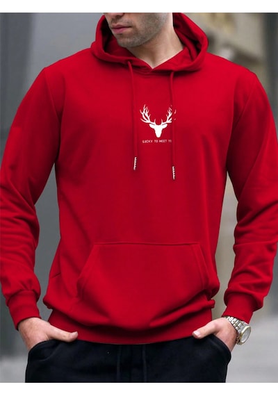 Startmore Kırmızı Unisex Kadın/erkek Deer Renkli Özel Baskılı Pamuklu Oversize Kapüşonlu