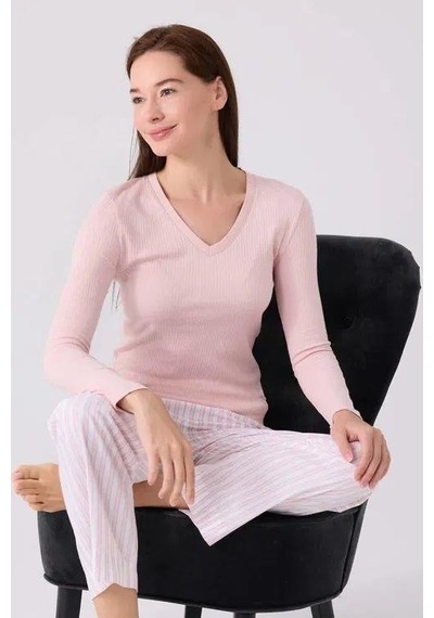 Arnetta Kadın V Yaka Örme Pembe Uzun Kol Pijama Takım Pembe