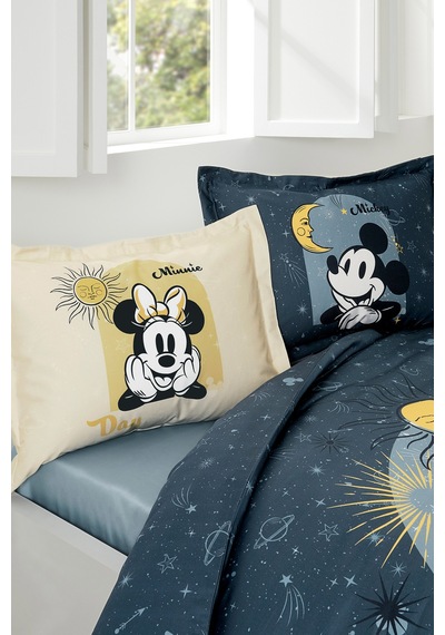 Mickey & Minnie Mouse Day Çift Kişilik Disney Lisanslı Lastikli Çarşaf Nevresim Takımı Mavi