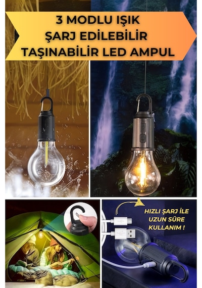 Şarj Edilebilir 3 Modlu Led Kamp Lambası - Kancalı Asma-taşınabilir Tasarımı-dış Mekan Aydınlatma Siyah