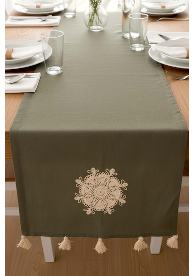 Haki Dantel Motifli Runner 50x130 Cm