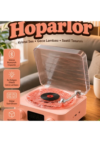 Retro Bluetooth Hoparlör Gece Lambalı Saatli Kristal Ses Tasarımlı Müzik Cihazı