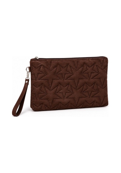 Adelina Bags Süet Yıldız Nakış İşlemeli Portföy El Çantası Bilek Askılı Astarlı Süet Clutch Çanta Kahve