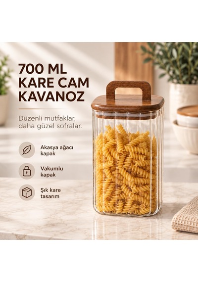 Akasya Kapaklı Kulplu Kare Cam Kavanoz 700 Ml, Çizgili Borosilikat Hava Geçirmez Mutfak Ve Kiler Saklama Kabı Diğer