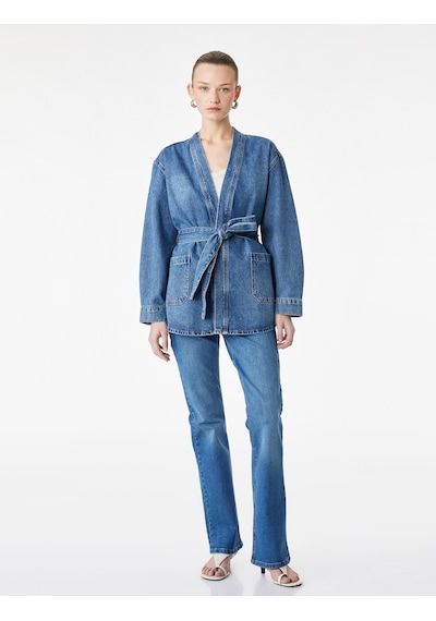 Koton Regular Fit Cepli Uzun Kollu Kemerli Denim Ceket Orta İndigo 6sal60006md