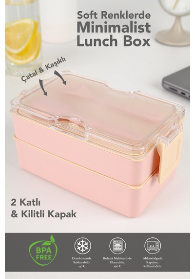 2 Katlı Kilitli Beslenme Kabı - Kendinden Çatal Kaşıklı Lunch Box Beslenme Kutusu Saklama Kabı Pembe Pembe