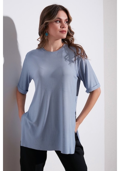 Lela Oversize Bisiklet Yaka Yırtmaç Detaylı Bayan Bluz 5863683 Bebe Mavi