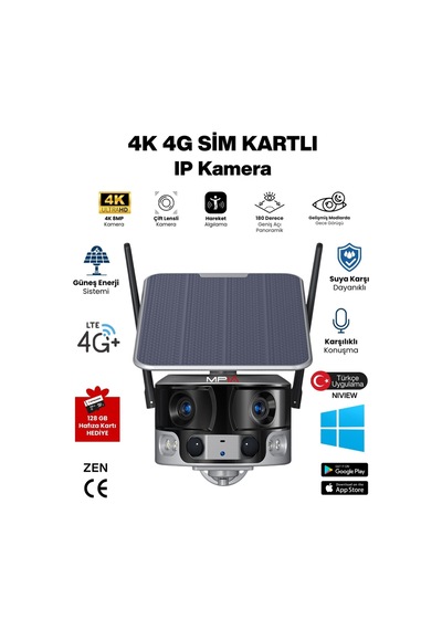 4k 4g Sım Kartlı Solar Kamera Çift Lensli Sesli Görüşme 180 Panoramik Görüş Ip Kamera 128gb Hediye
