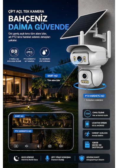 2 Kameralı 6mp Solar Panelli Aov Sürekli Kayıt Teknolojili Hareket Algılamalı Güvenlik Kamerası