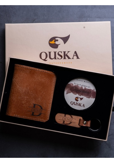 Quska Kişiye Özel İsimli El Yapımı Hakiki Deri Kiremit Cüzdan+anahtarlık Hediyelik Set- Grain Minimal Kahverengi