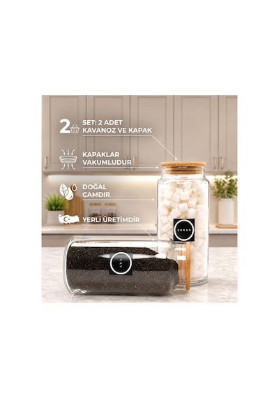 2'li Ahşap Vakum Kapaklı Cam Çay Şeker Saklama Kavanozu Seti 1400 Ml Etiket Hediyeli Çok Renkli