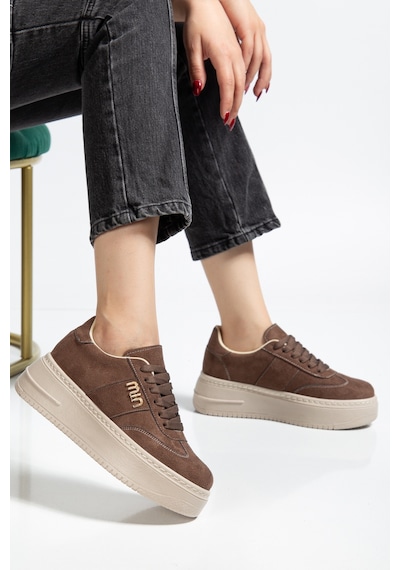 Bahrina Kadın Beyaz Cilt Kalın Taban Tokalı Sneaker Kahverengi