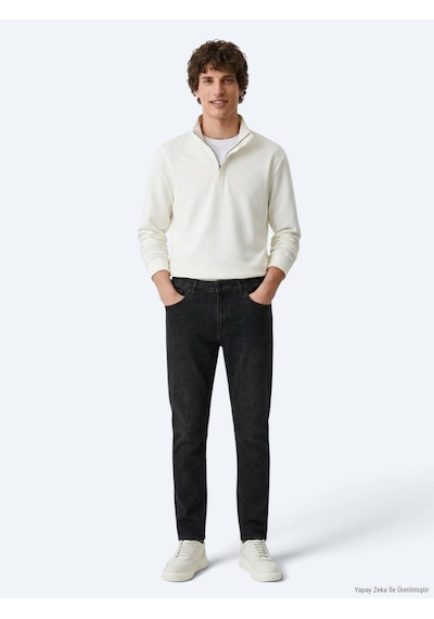 Kip Koyu Gri Düz Slim Fit Denim Pamuk Karışımlı Pantolon