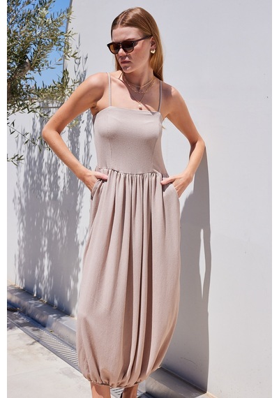 Bigdart 2492 Askılı Örme Salopet Elbise - Bej 001