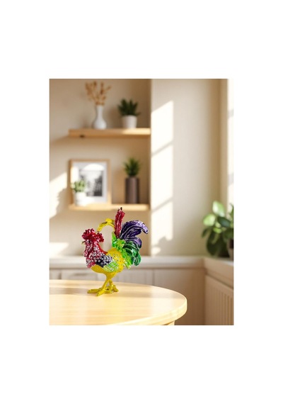 Dekoratif Renkli Horoz Biblo Taşlı Metal Masa Üstü Ev Aksesuarı 12x10 CM