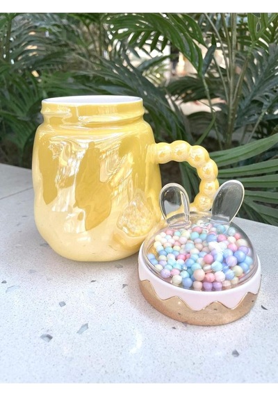 Tavşan Kapaklı Ponpon Kupa Mug Sarı