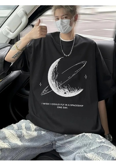 Moda Assema Erkek Baskılı Tişort Kısa Kol Bisiklet Yaka Ovarsize T-shirt - - Siyah Çok Renkli