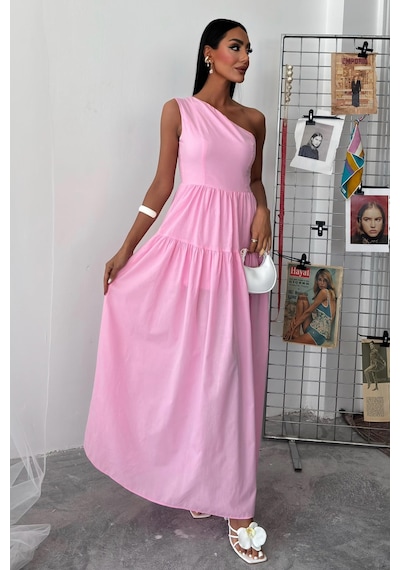WeShaya Kadın Pembe Tek Omuz Wual Maxi Elbise Pembe