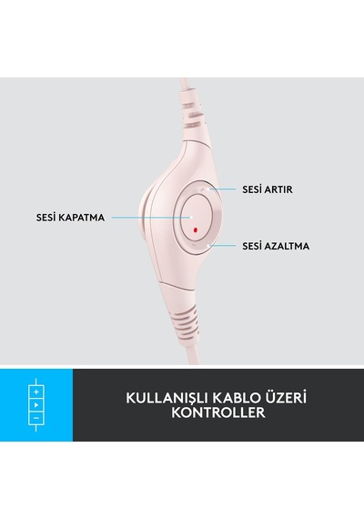 H390 Kablolu Kulak Üstü Mikrofonlu Kulaklık, Dijital Stereo Ses, Katlanabilir Gürültü Önleyici Mikrofon, Kablo Üzeri Denetimler, Pembe